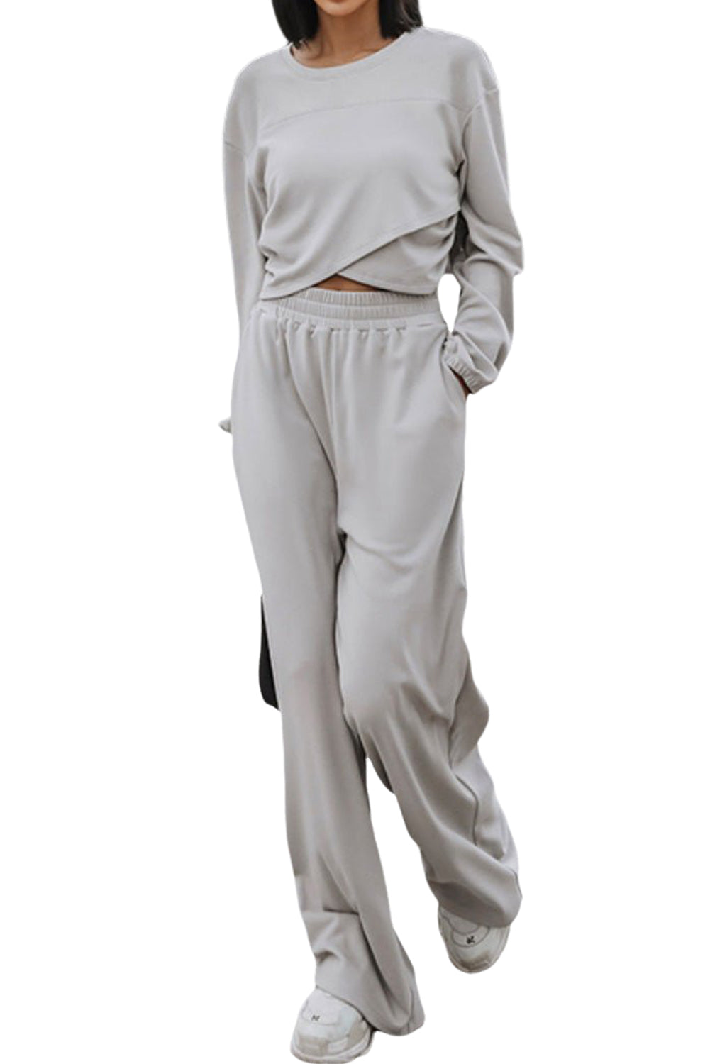 BerryBetty - Light Grey Solid Criss Cross Crop Top and Pants Active Set Loungewear