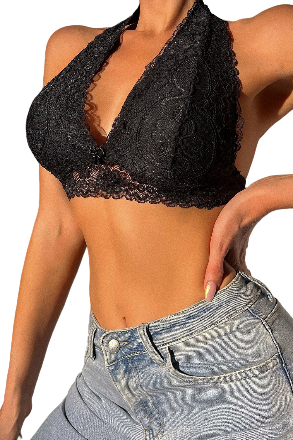 BerryBetty - Black Lace Crochet Halter Neck Bralette
