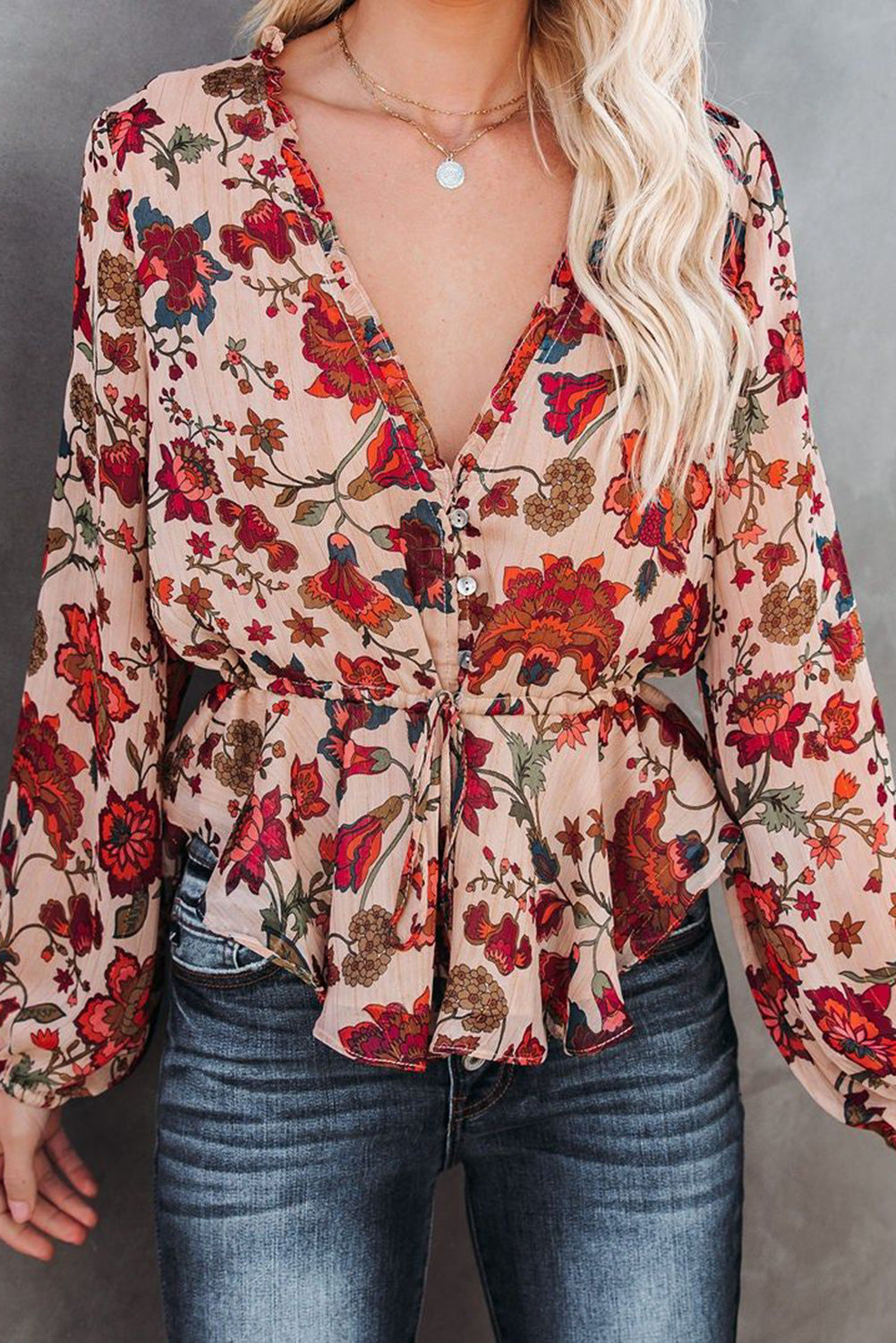 Multicolour Floral Frilled V Neck Drawstring Peplum Blouse Multicolour 100%Polyester clothes long sleeve shirt long sleeve shirts long sleeve top long sleeve tops shirt shirts top tops