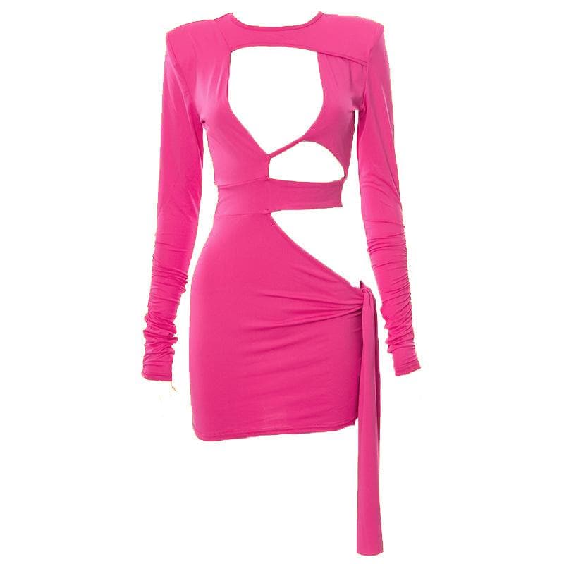 Hollow out long sleeve crewneck mini dress - Halibuy