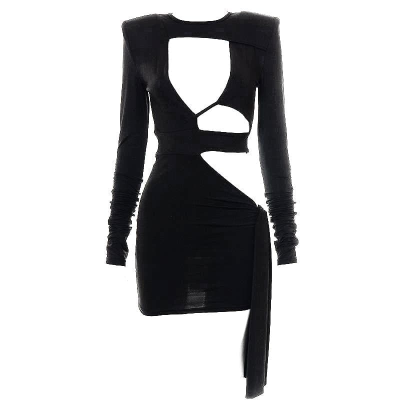 Hollow out long sleeve crewneck mini dress - Halibuy