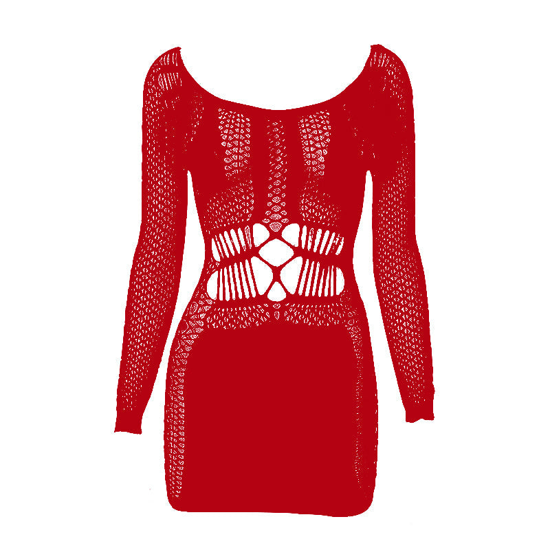 BerryBetty - Fishnet long sleeve hollow out see through mini dress