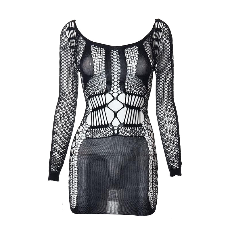 BerryBetty - Fishnet long sleeve hollow out see through mini dress