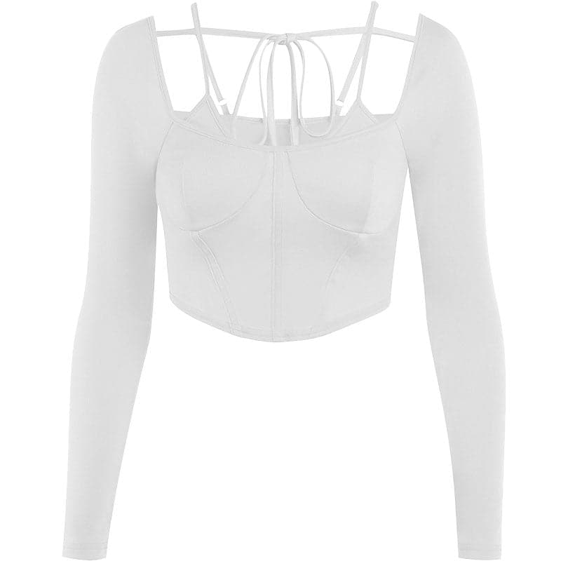 BerryBetty - Solid long sleeve backless self tie bustier crop top