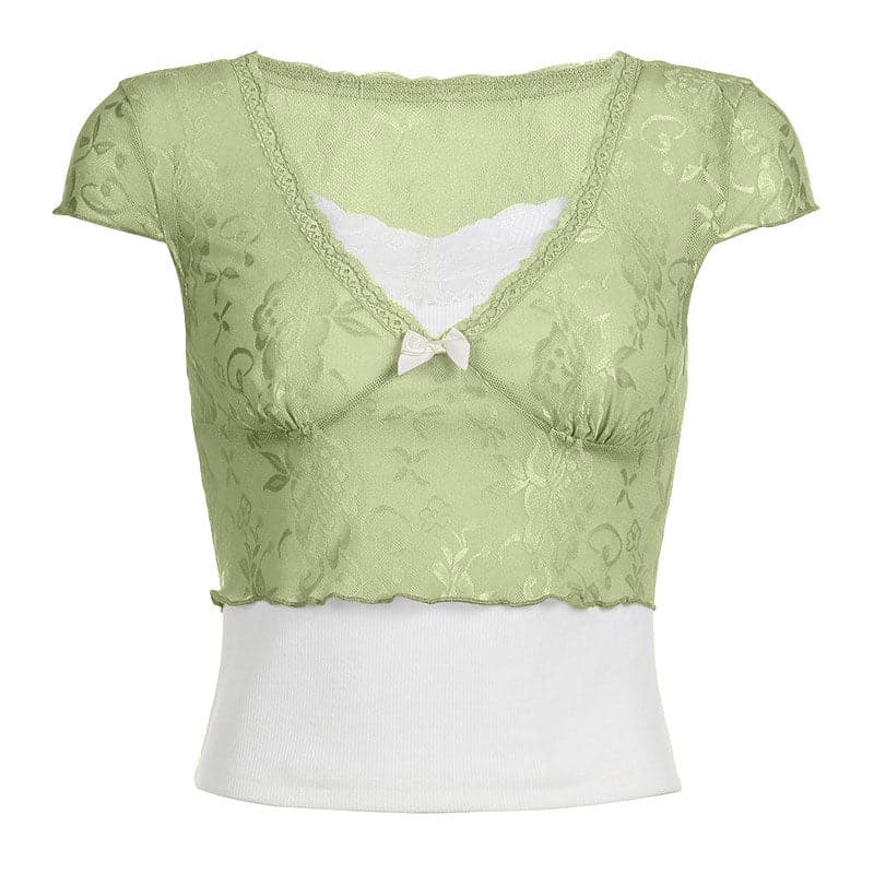 BerryBetty - Lace contrast patchwork cap sleeve ruffle crop top