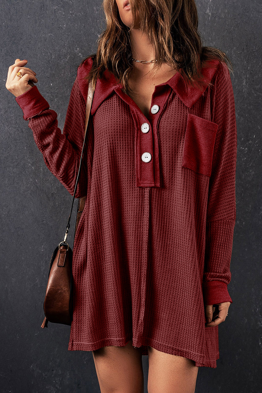 BerryBetty - Red Waffle Knit Buttoned Long Sleeve Top