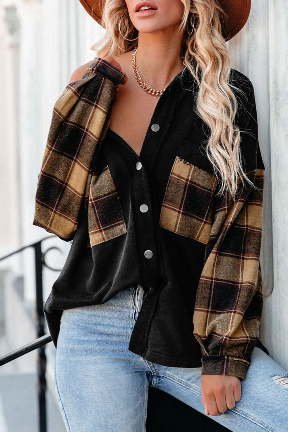 Black Plaid Patchwork Chest Pockets Oversized Shirt Jacket Black 65%Polyester+35%Cotton All In Stock Best Sellers Category Shacket clothes EDM Monthly Recomend Hot picks long sleeve shirts Occasion Daily oversized shirt Print Plaid Season Fall & Autumn shirt shirts Style Western top tops
