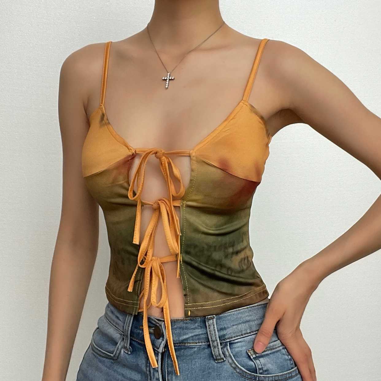 BerryBetty - Contrast print self tie low cut backless cami crop top
