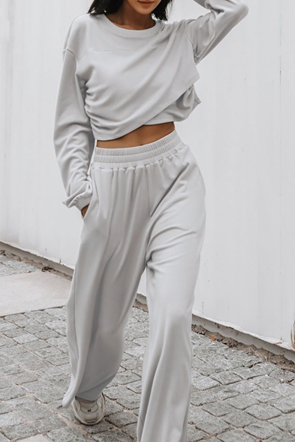 BerryBetty - Light Grey Solid Criss Cross Crop Top and Pants Active Set Loungewear