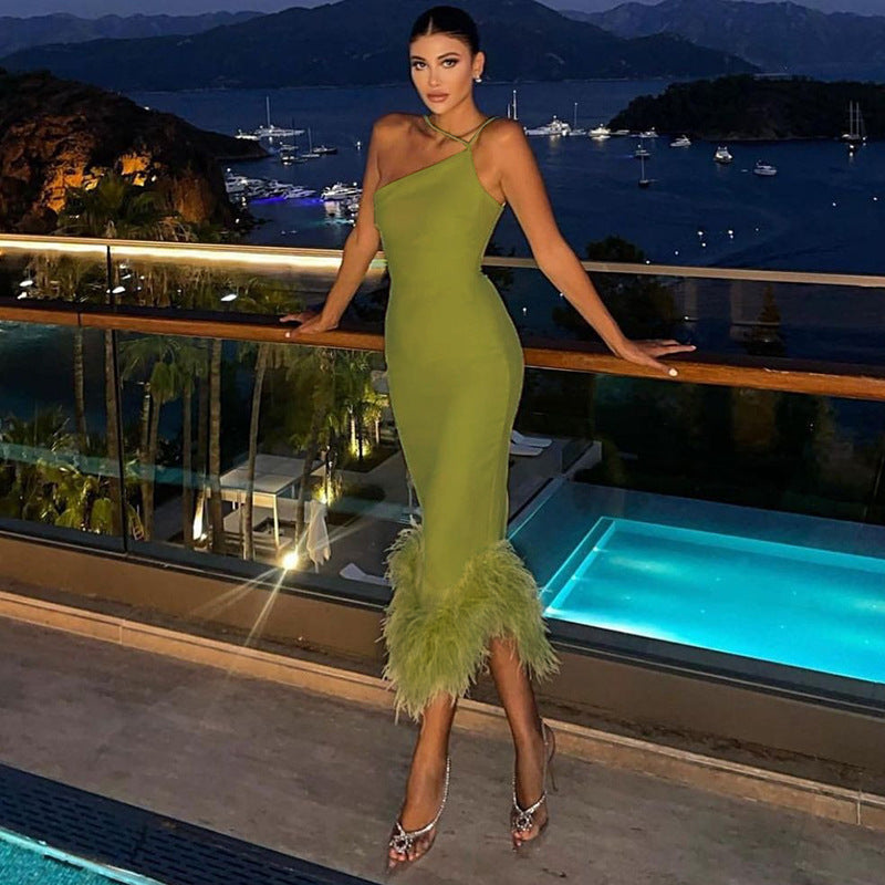 BerryBetty - Women's Knitted One Shoulder Halter Neck Elegant Dress Feminine Slim Long Dress