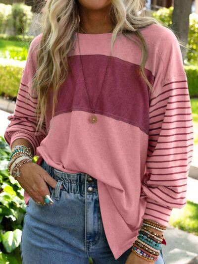BerryBetty - Round Neck Striped Long Sleeve Slit T-Shirt