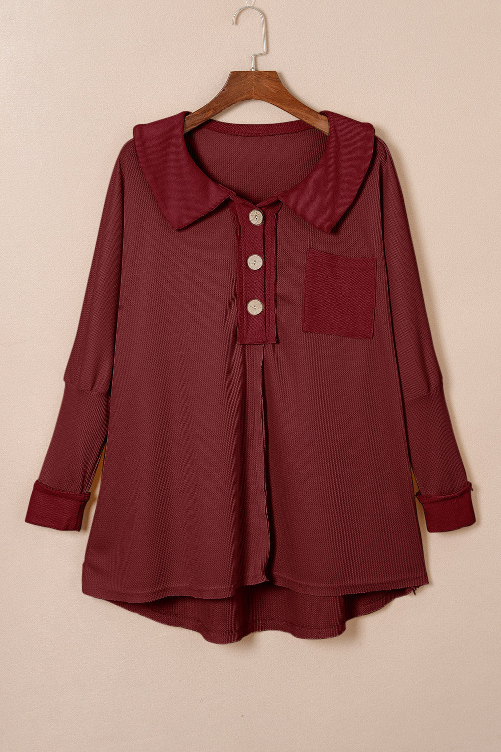 BerryBetty - Red Waffle Knit Buttoned Long Sleeve Top