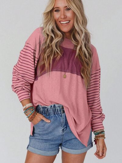 Round Neck Striped Long Sleeve Slit T-Shirt Moonlit Mauve A@X@E clothes long sleeve shirt long sleeve shirts long sleeve top long sleeve tops Ship From Overseas shirt shirts