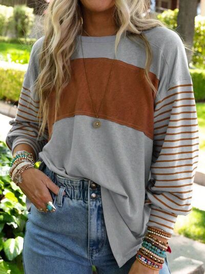 Round Neck Striped Long Sleeve Slit T-Shirt Heather Gray A@X@E clothes long sleeve shirt long sleeve shirts long sleeve top long sleeve tops Ship From Overseas shirt shirts