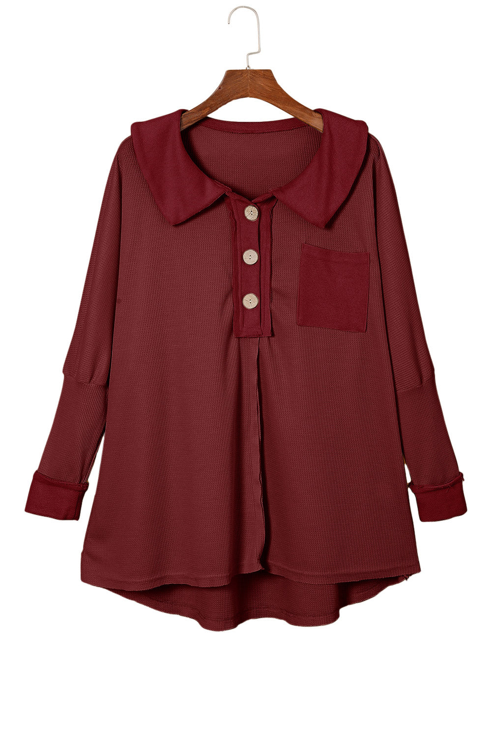 BerryBetty - Red Waffle Knit Buttoned Long Sleeve Top