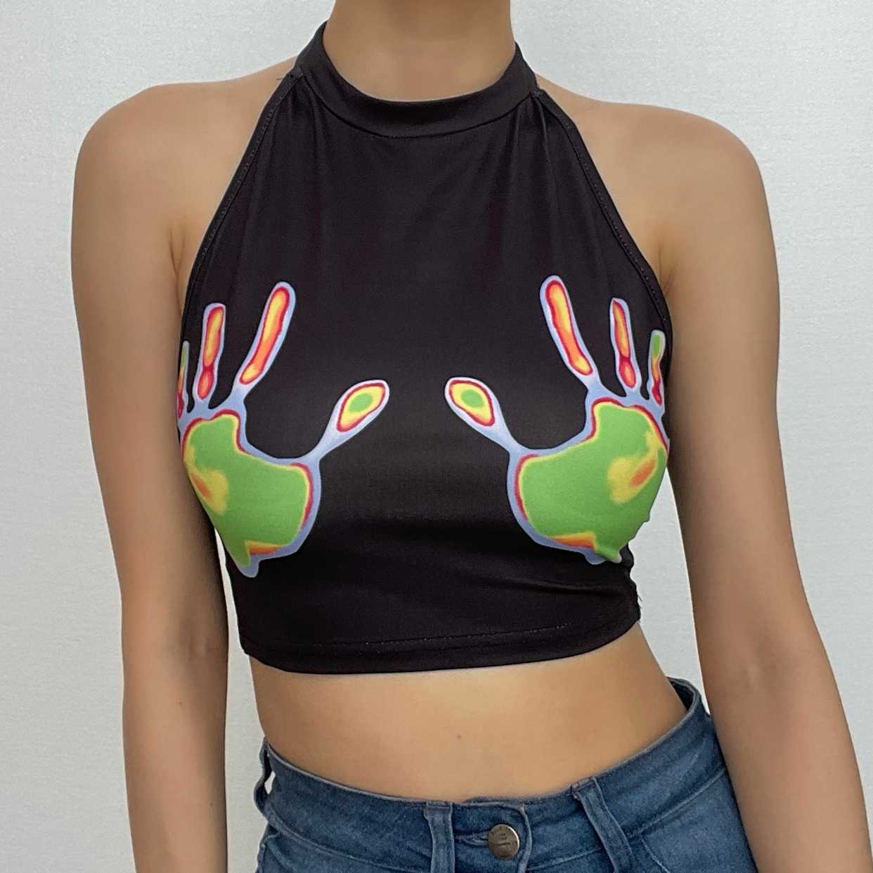 BerryBetty - Sleeveless halter palm pattern backless crop top