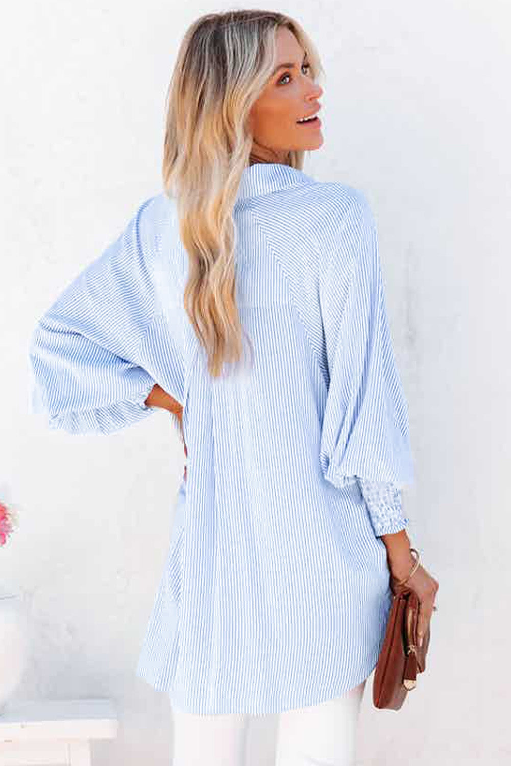 BerryBetty - Sky Blue Smocked Cuffed Striped Boyfriend Shirt with Pocket