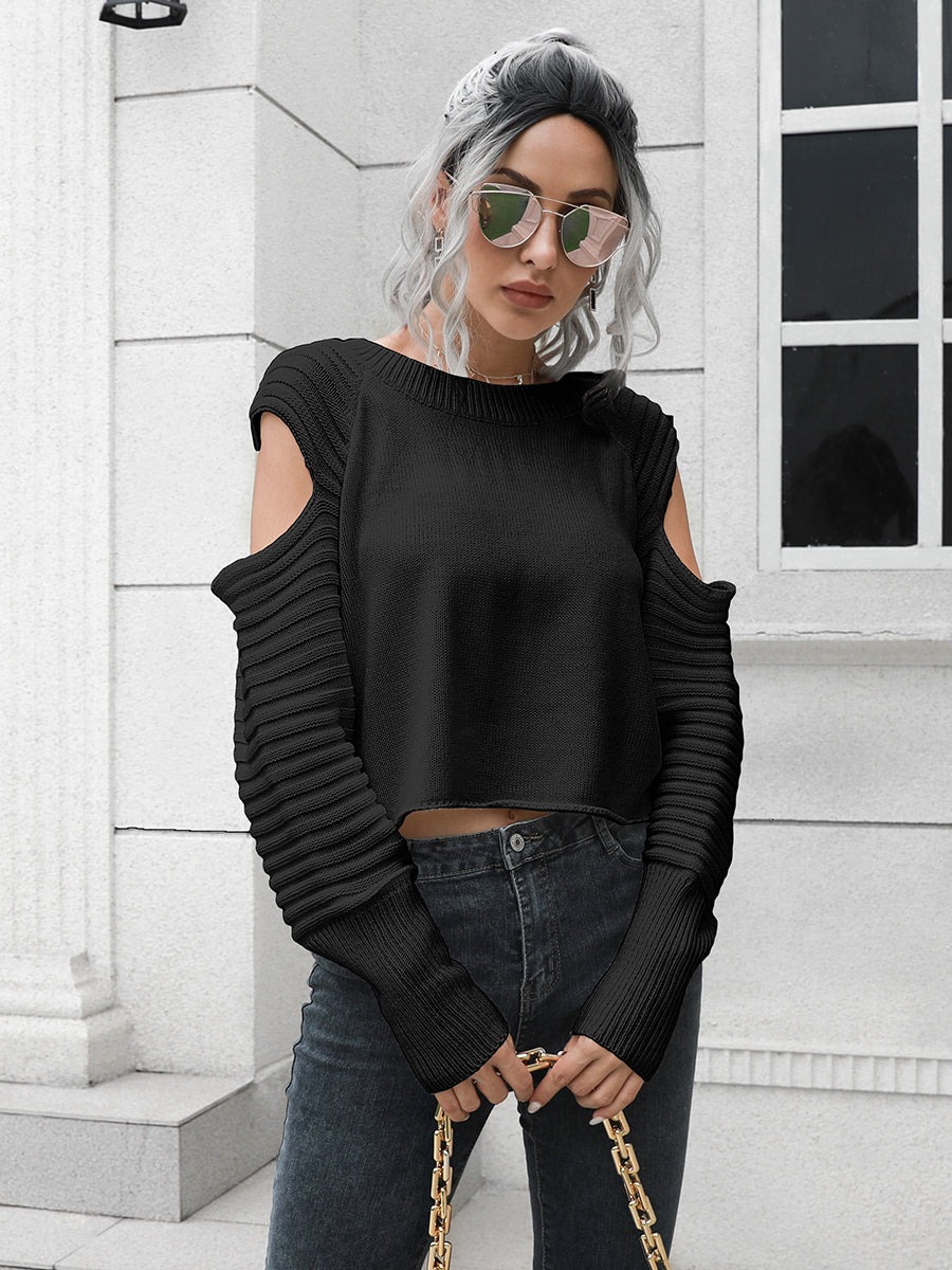BerryBetty - Cold-Shoulder Ribbed Trim Sweater