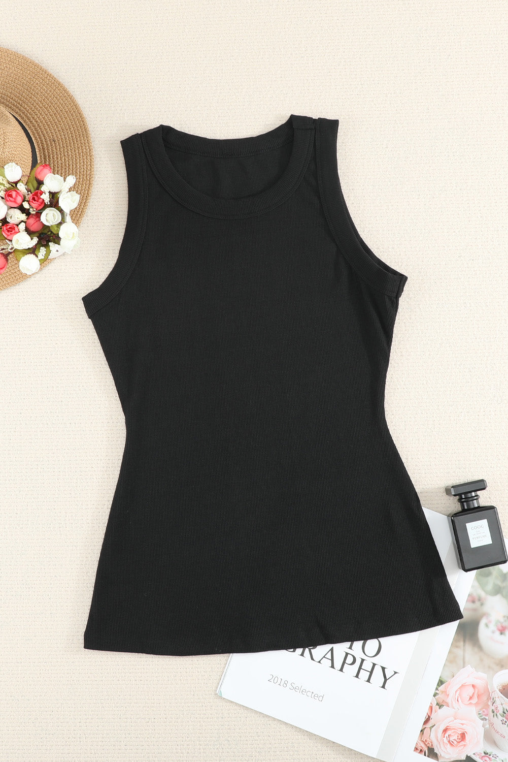 BerryBetty - Solid Black Round Neck Ribbed Tank Top