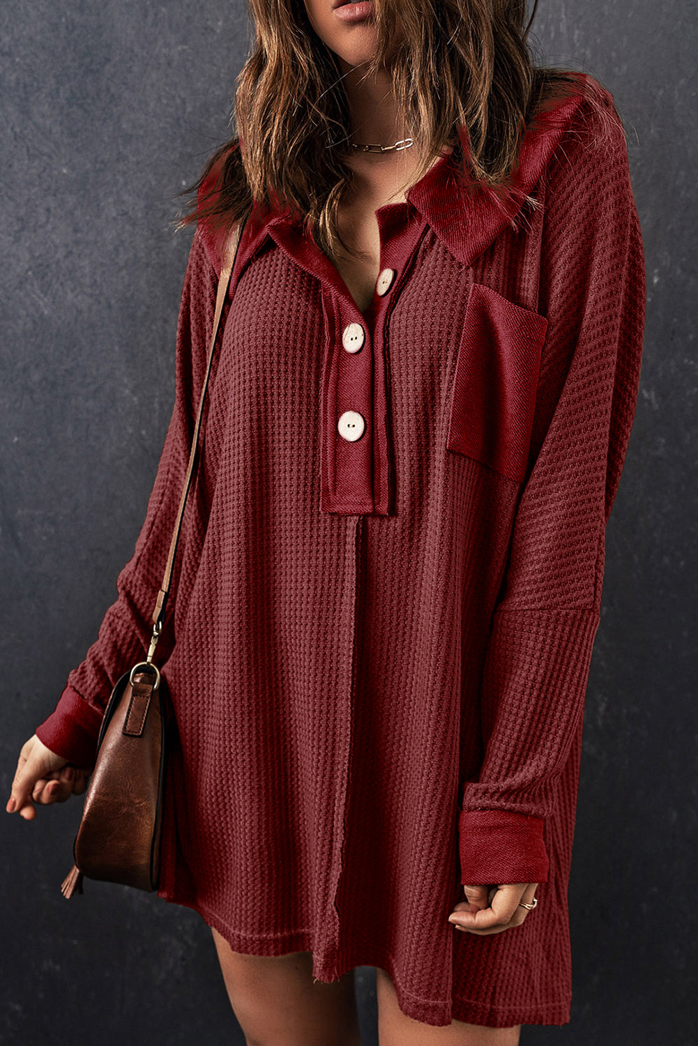 BerryBetty - Red Waffle Knit Buttoned Long Sleeve Top