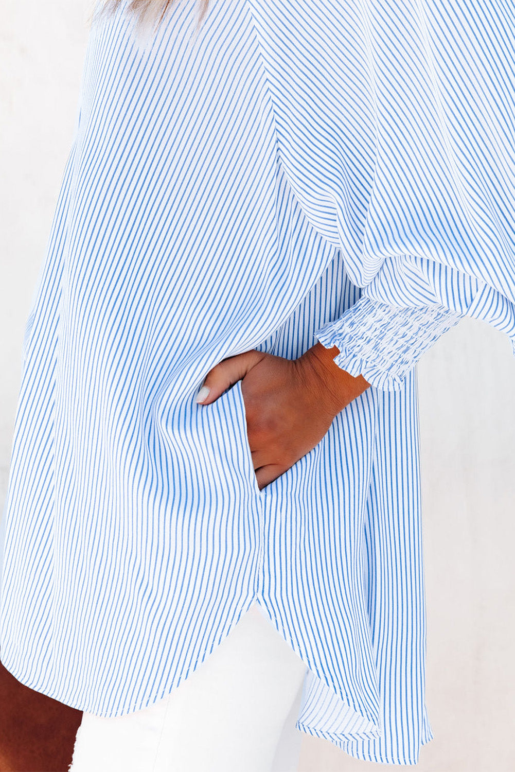 BerryBetty - Sky Blue Smocked Cuffed Striped Boyfriend Shirt with Pocket