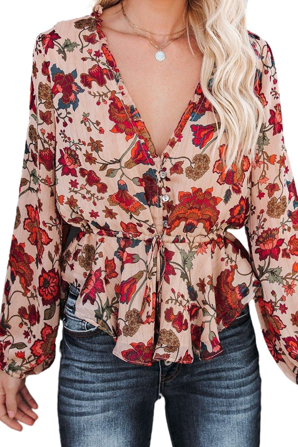 BerryBetty - Multicolour Floral Frilled V Neck Drawstring Peplum Blouse