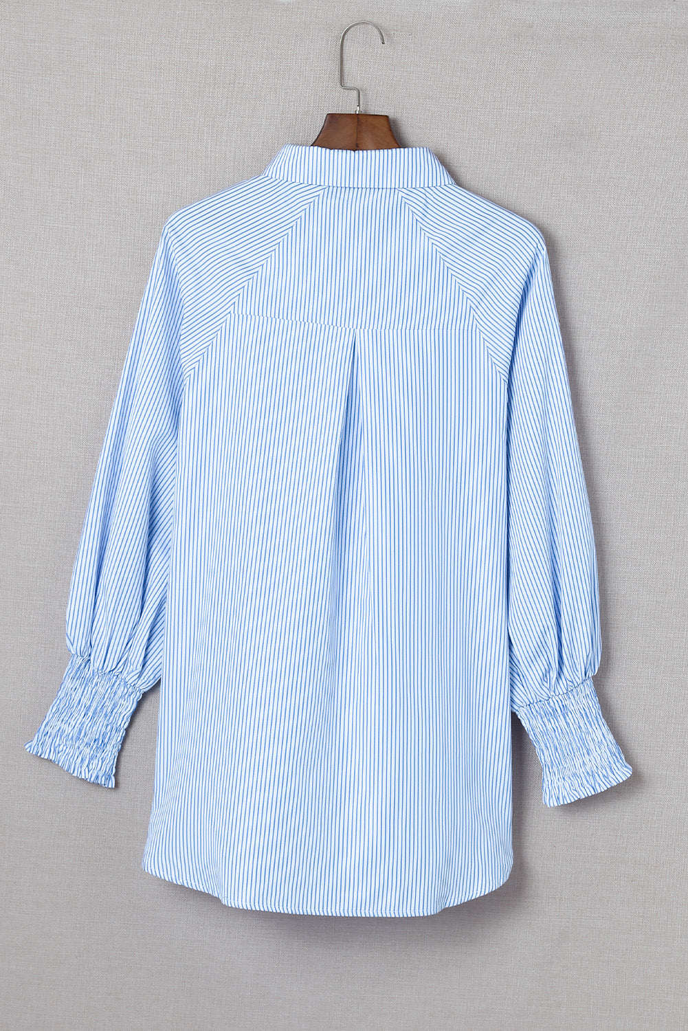 BerryBetty - Sky Blue Smocked Cuffed Striped Boyfriend Shirt with Pocket
