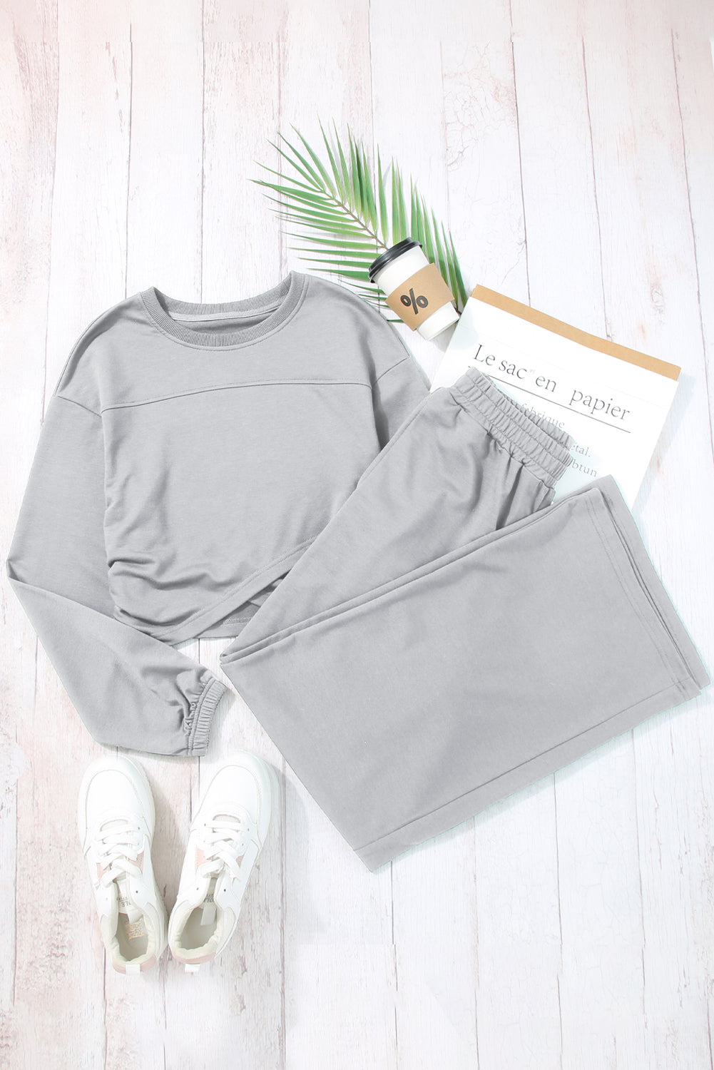 BerryBetty - Light Grey Solid Criss Cross Crop Top and Pants Active Set Loungewear