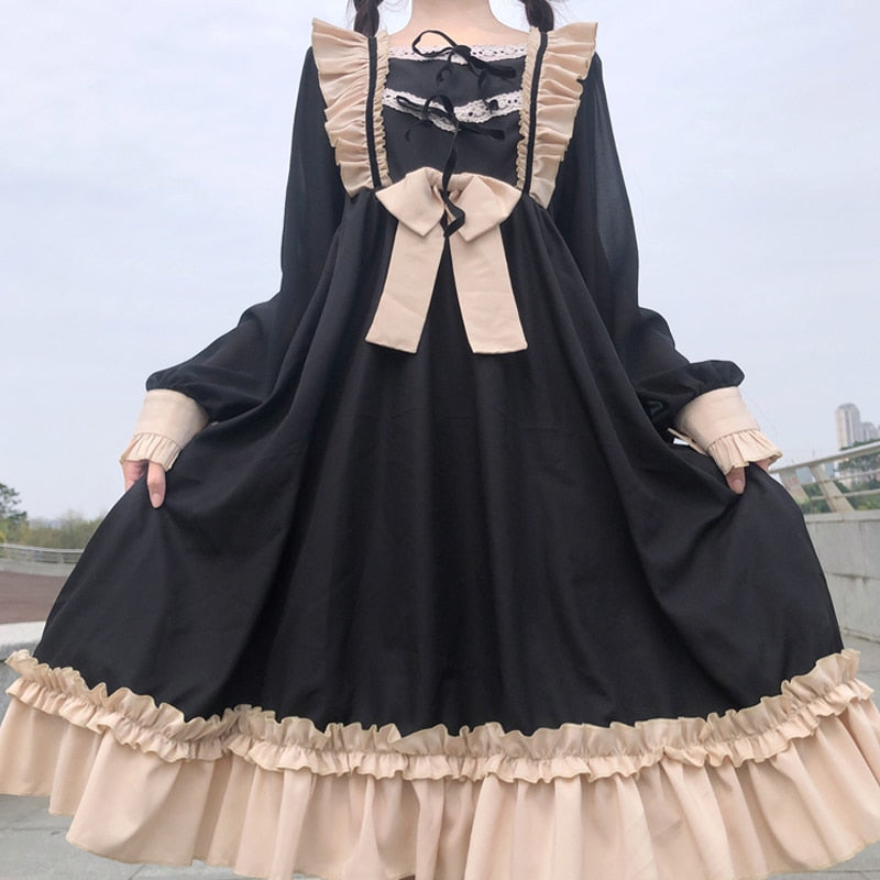 BerryBetty - Japanese Harajuku Gothic Bandage Bow Splice Dress Sweet Lolita Girl Cosplay Dress Kawaii Ruffles Bow Women Party Dress