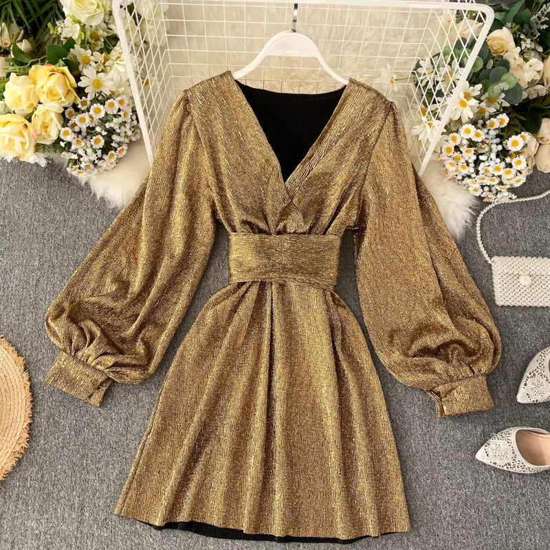BerryBetty - Spring Autumn Women's Bright Color Dress V-neck Lantern Sleeve Gold Bright Silk Lace Retro Dress Female Sexy Party Dress GD205