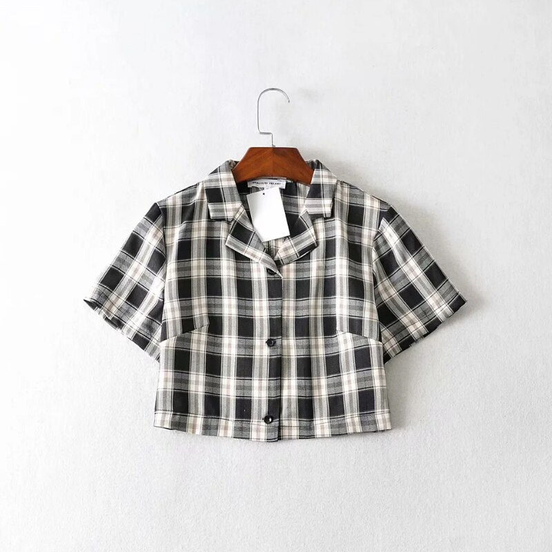 BerryBetty - Summer blouse women vintage crop shirt streetwear plaid ladies tops elegant button up shirt korean crop top red