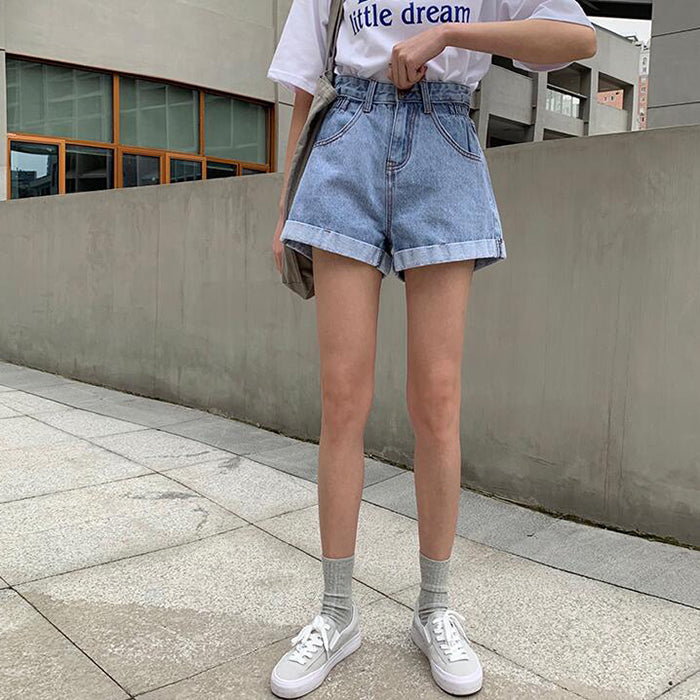 BerryBetty - New Summer High Waist Denim Shorts Women Casual Loose Ladies Fashion Plus Size Elastic Waist Wide Leg Short Jeans Female