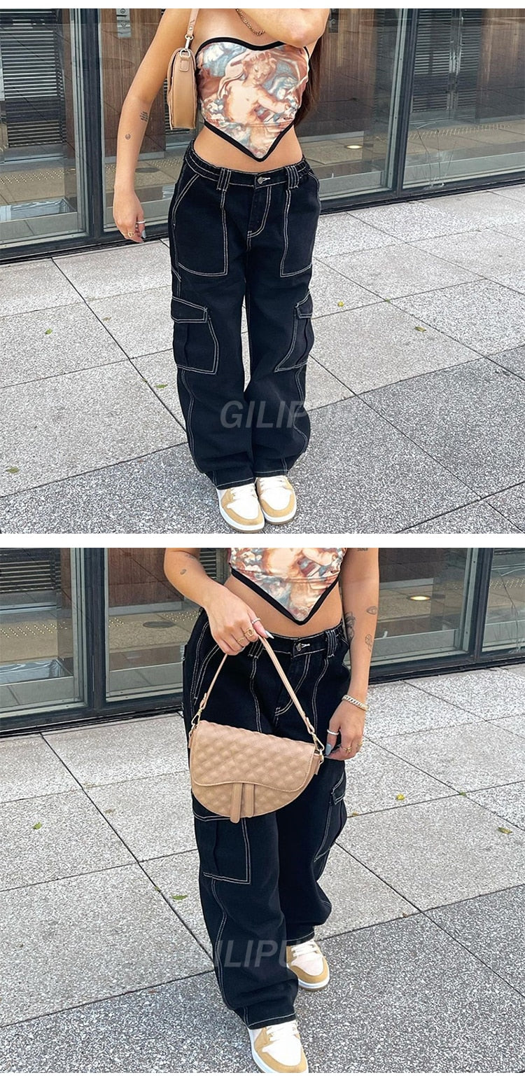 BerryBetty - Y2k Cargo Pants Women's Jeans New Fashion Baggy Jeans Denim Overalls 90s Low Rise Pocket Straight Leg Trousers Streetwear