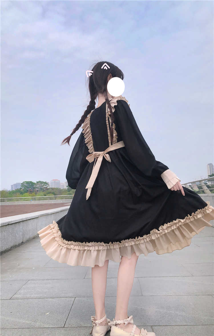 BerryBetty - Japanese Harajuku Gothic Bandage Bow Splice Dress Sweet Lolita Girl Cosplay Dress Kawaii Ruffles Bow Women Party Dress