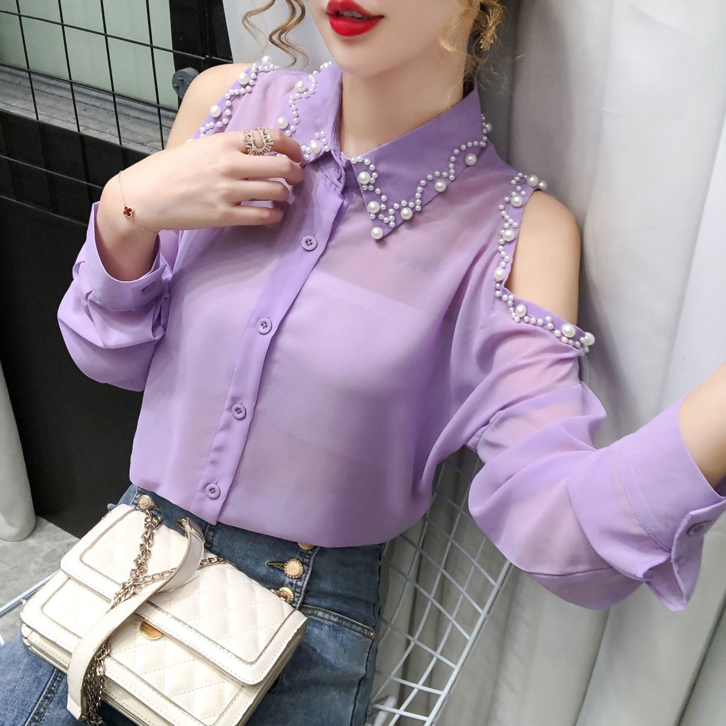BerryBetty - Beading Women's Elegant Blouse Office Outfits Feminine Shirts Off The Shoulder Long Sleeve Top Korean Fashion Designer New