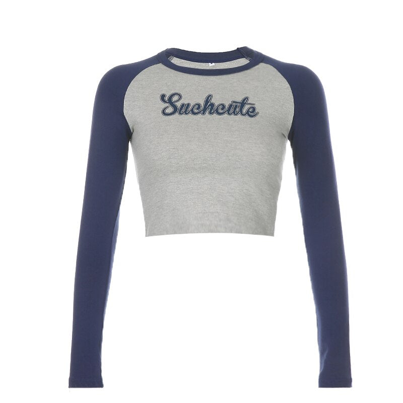 BerryBetty - Patchwork Letter Print Casual Cotton Tshirt Women Fashion Long Sleeve Cropped T-shirt Ladies Skinny Basic Streetwear