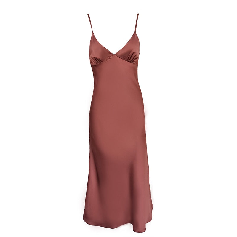 BerryBetty - Women Satin Deep V Neck Sexy Dress Solid Straight Pajamas Party Dress Elegant Female Summer Spaghetti Strap Dress Casual
