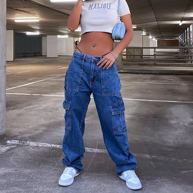BerryBetty - Y2k Cargo Pants Women's Jeans New Fashion Baggy Jeans Denim Overalls 90s Low Rise Pocket Straight Leg Trousers Streetwear