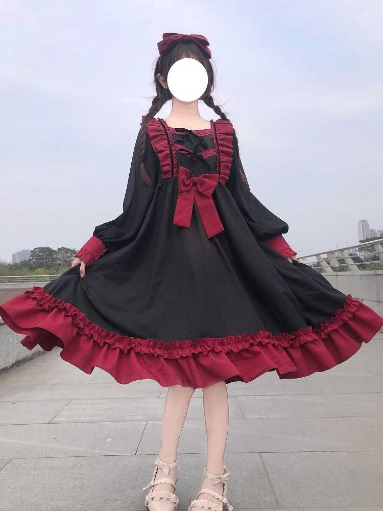 BerryBetty - Japanese Harajuku Gothic Bandage Bow Splice Dress Sweet Lolita Girl Cosplay Dress Kawaii Ruffles Bow Women Party Dress