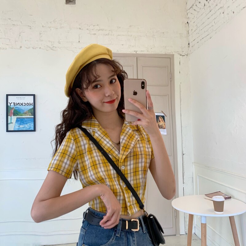 BerryBetty - Summer blouse women vintage crop shirt streetwear plaid ladies tops elegant button up shirt korean crop top red