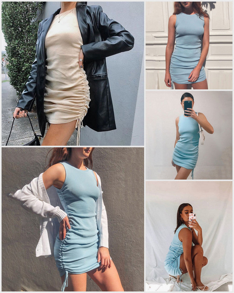 BerryBetty - Cotton Ruched Drawstring Sexy Party Dress Women Sleeveless Elastic Mini Dress Vintage Summer Bodycon Club Wear Vestidos