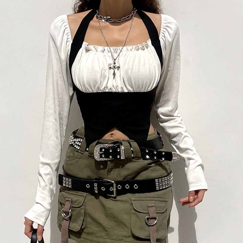 BerryBetty - womens fashion gifts for women Goth Dark Fairycore Grunge Patchwork Women T-shirts Gothic Bandage Milkmaid Sexy Halter Crop Tops Long Sleeve Streetwear Clothes