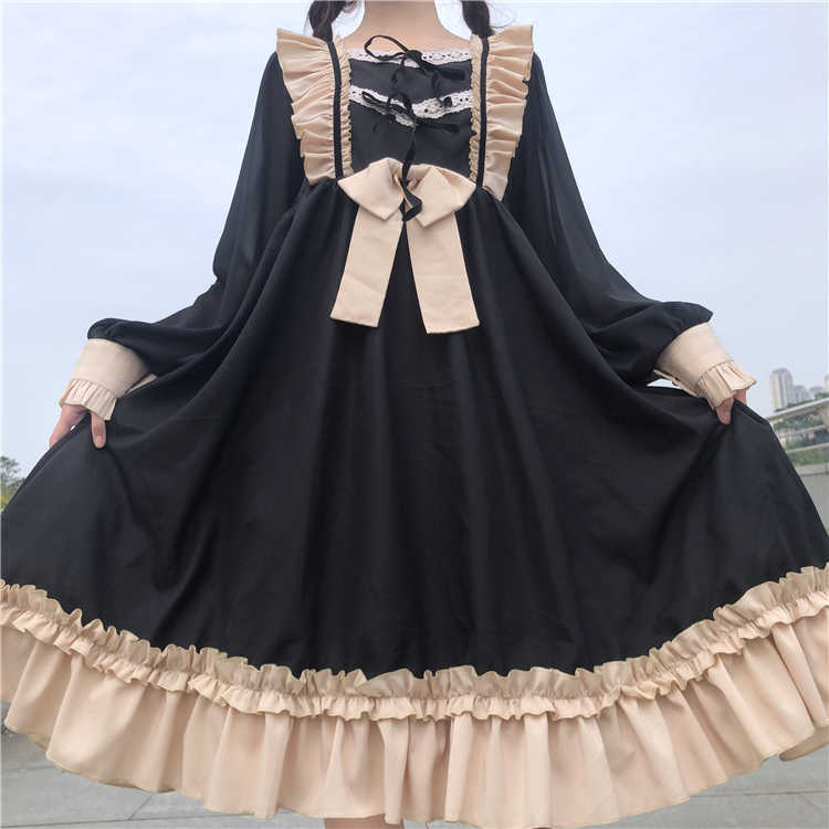 BerryBetty - Japanese Harajuku Gothic Bandage Bow Splice Dress Sweet Lolita Girl Cosplay Dress Kawaii Ruffles Bow Women Party Dress