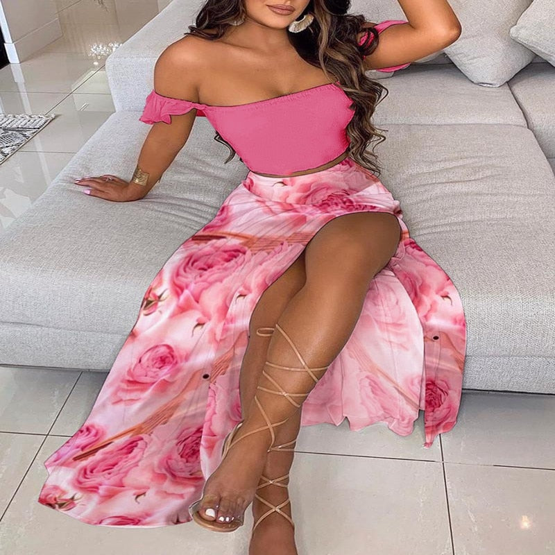 BerryBetty - Off Shoulder Women Two Piece Set Sexy Slash Neck Top and Slit Summer Long Party Dress Suits Spring Floral Print Skirts Sets