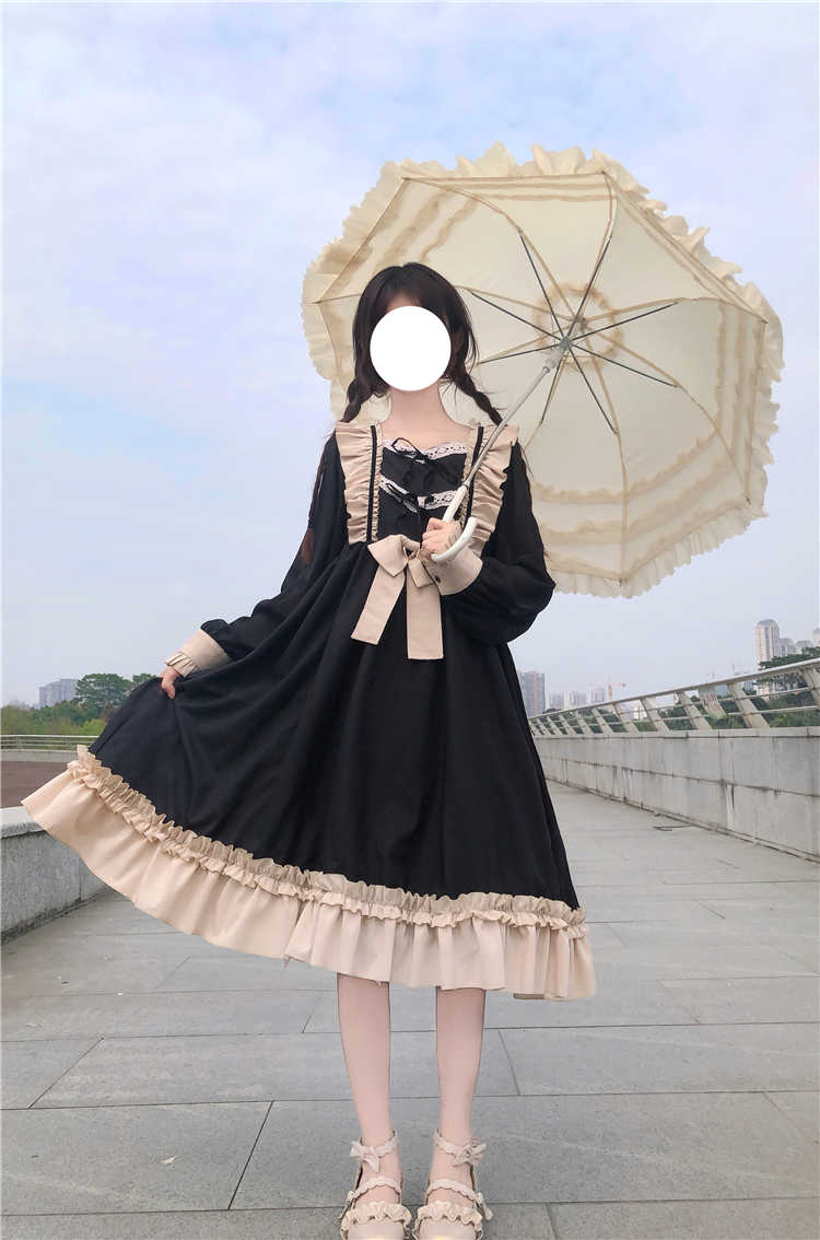 BerryBetty - Japanese Harajuku Gothic Bandage Bow Splice Dress Sweet Lolita Girl Cosplay Dress Kawaii Ruffles Bow Women Party Dress