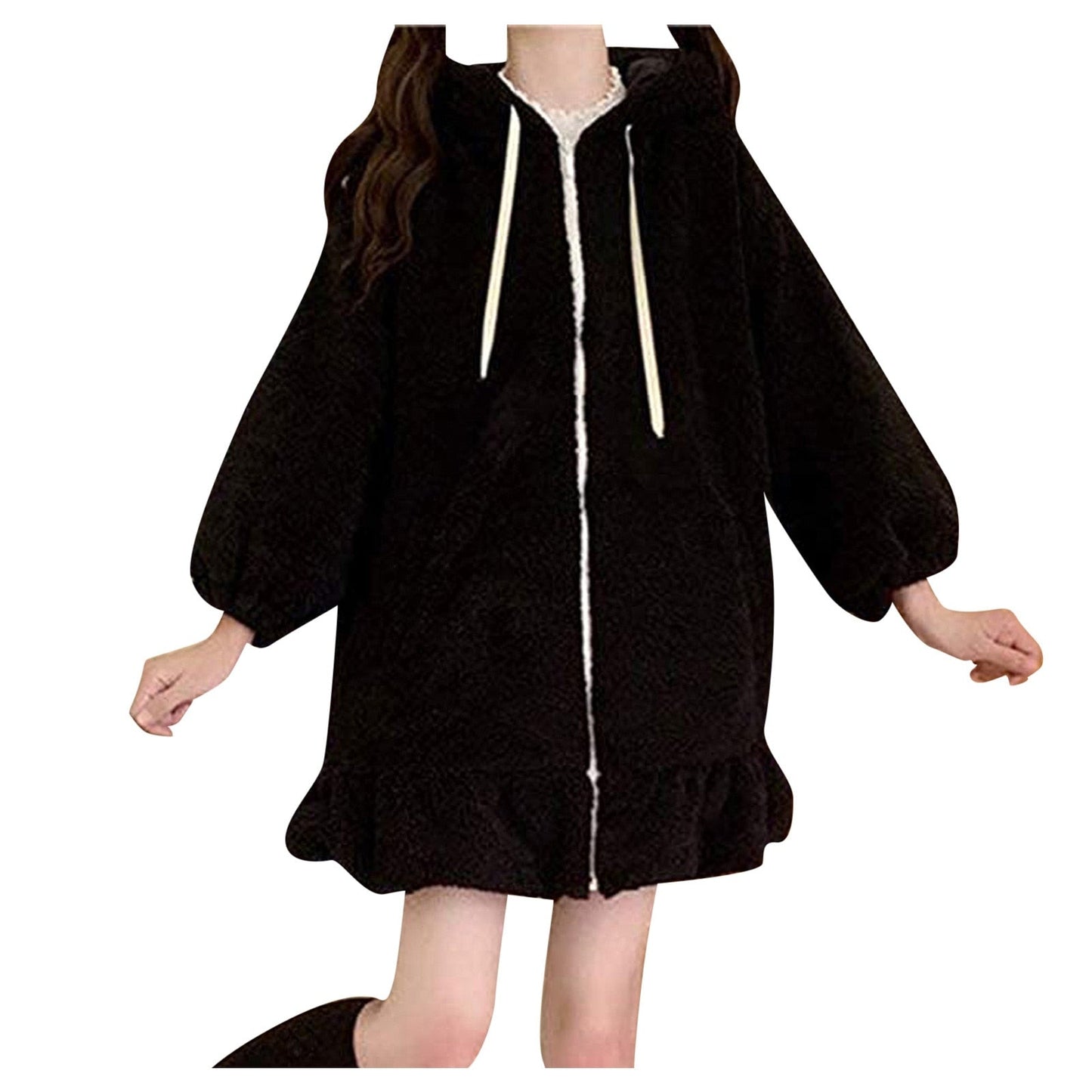 BerryBetty - Rabbit Ears Hoodies Women Zip-up Sweatshirts Coat Long Lantern Sleeve Hooded Lolita Cute Sweet Girls Harajuku Warm Baggy Outfits