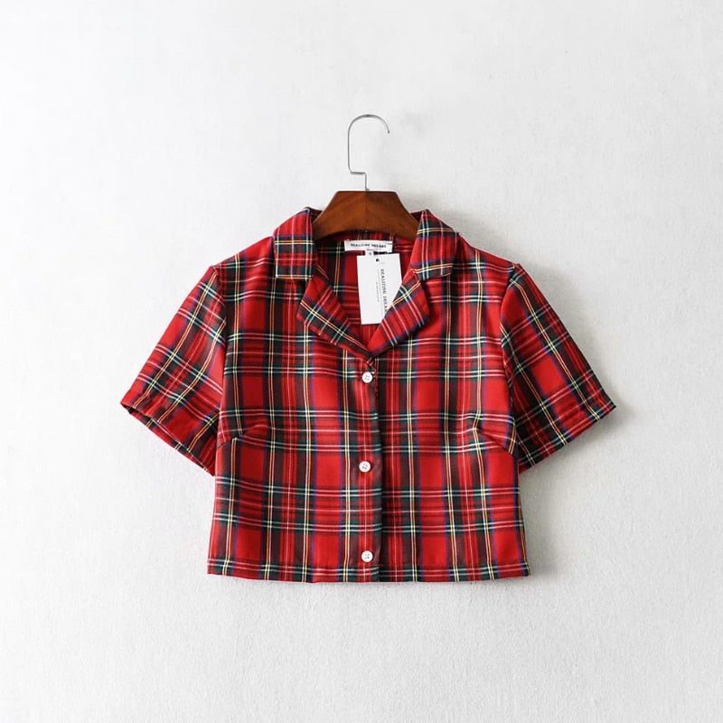 BerryBetty - Summer blouse women vintage crop shirt streetwear plaid ladies tops elegant button up shirt korean crop top red