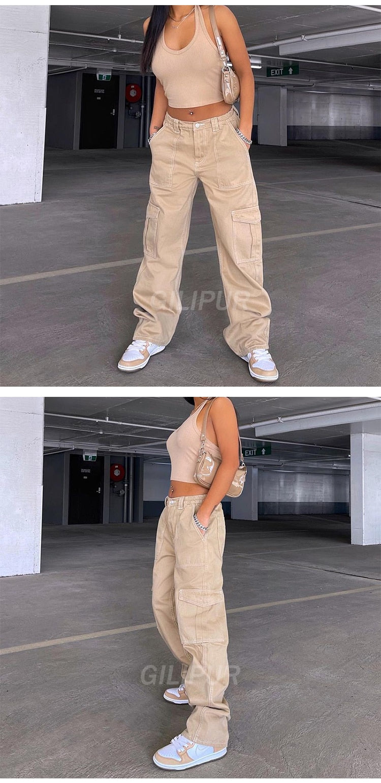 BerryBetty - Y2k Cargo Pants Women's Jeans New Fashion Baggy Jeans Denim Overalls 90s Low Rise Pocket Straight Leg Trousers Streetwear