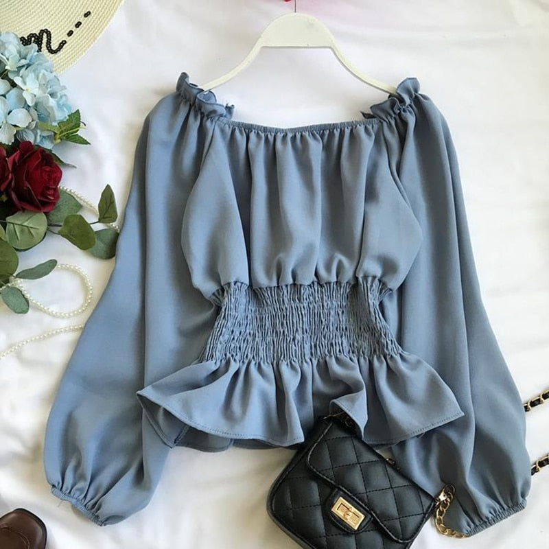 BerryBetty - Youth Elegant Blouse Women Chiffon Fashion Blouse Off Shoulder White Shirt Ruffle Puff Sleeve Top Office wear