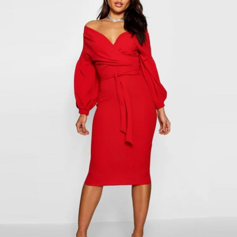 BerryBetty - Spring Sexy Deep V Neck Ladies Bodycon Dress Elegant Women Solid Lantern Sleeve Sashes Party Dress Casual Female Vestidos